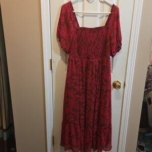 TORRID Pink and Brown Floral Dress Tea Length Smocked Bodice